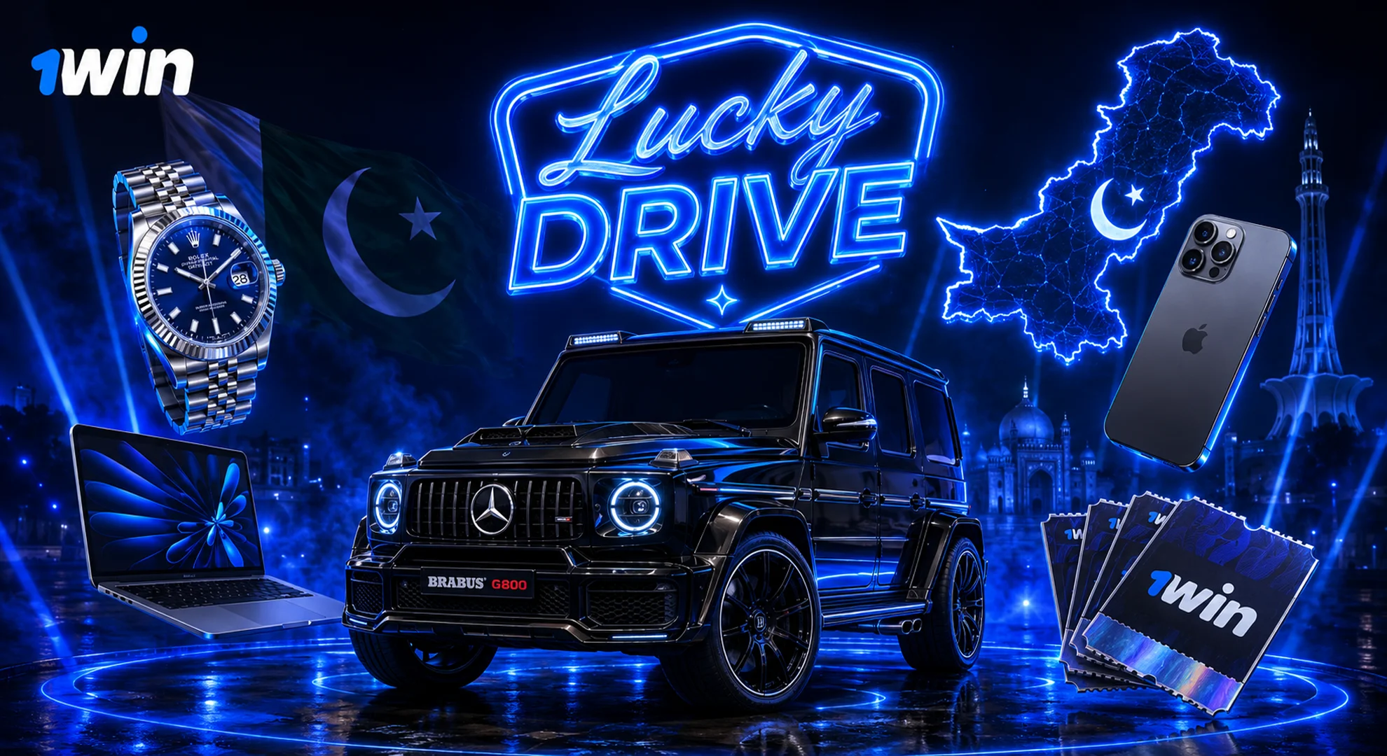 1win Lucky Drive promotion with Mercedes BRABUS G800 Rolex and Apple gadgets