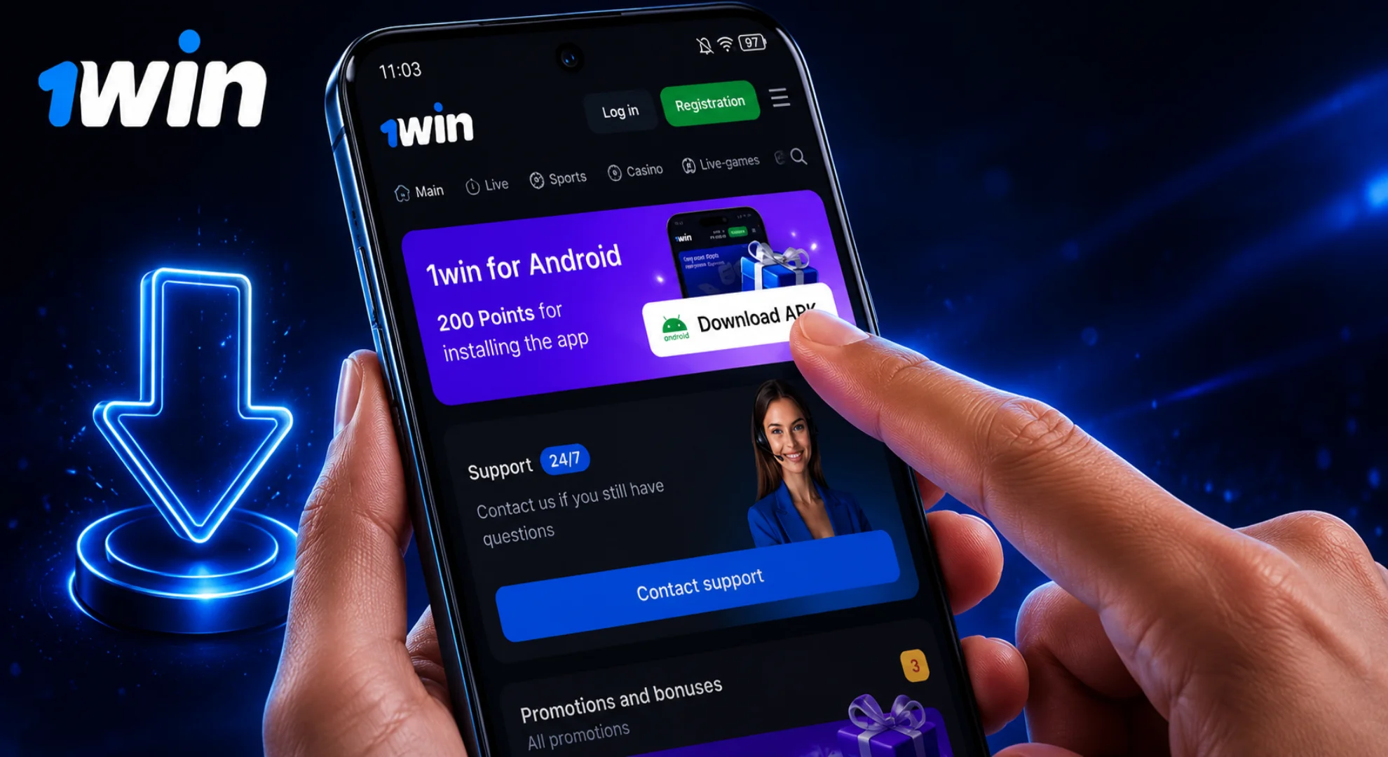 Click the 1win APK download button on Android device