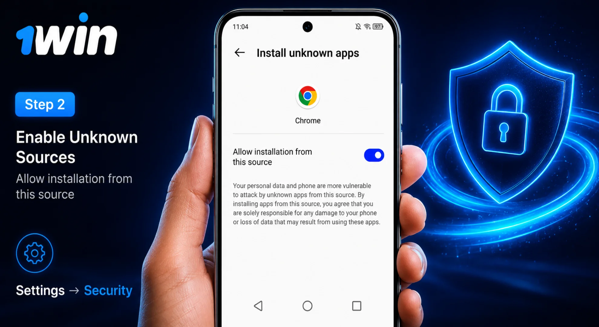 Allow installation from unknown sources in Android settings for 1win