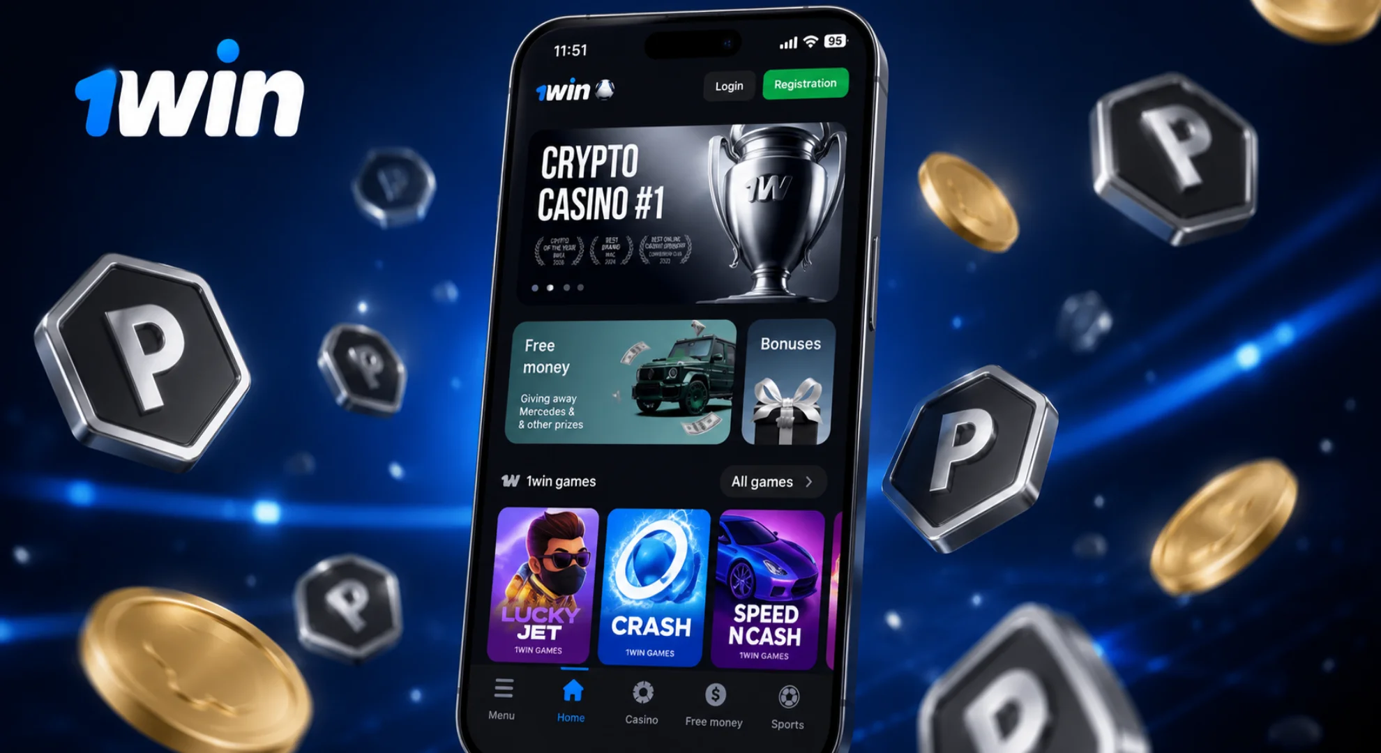 Exclusive welcome bonus package and 1win points coins reward in mobile app