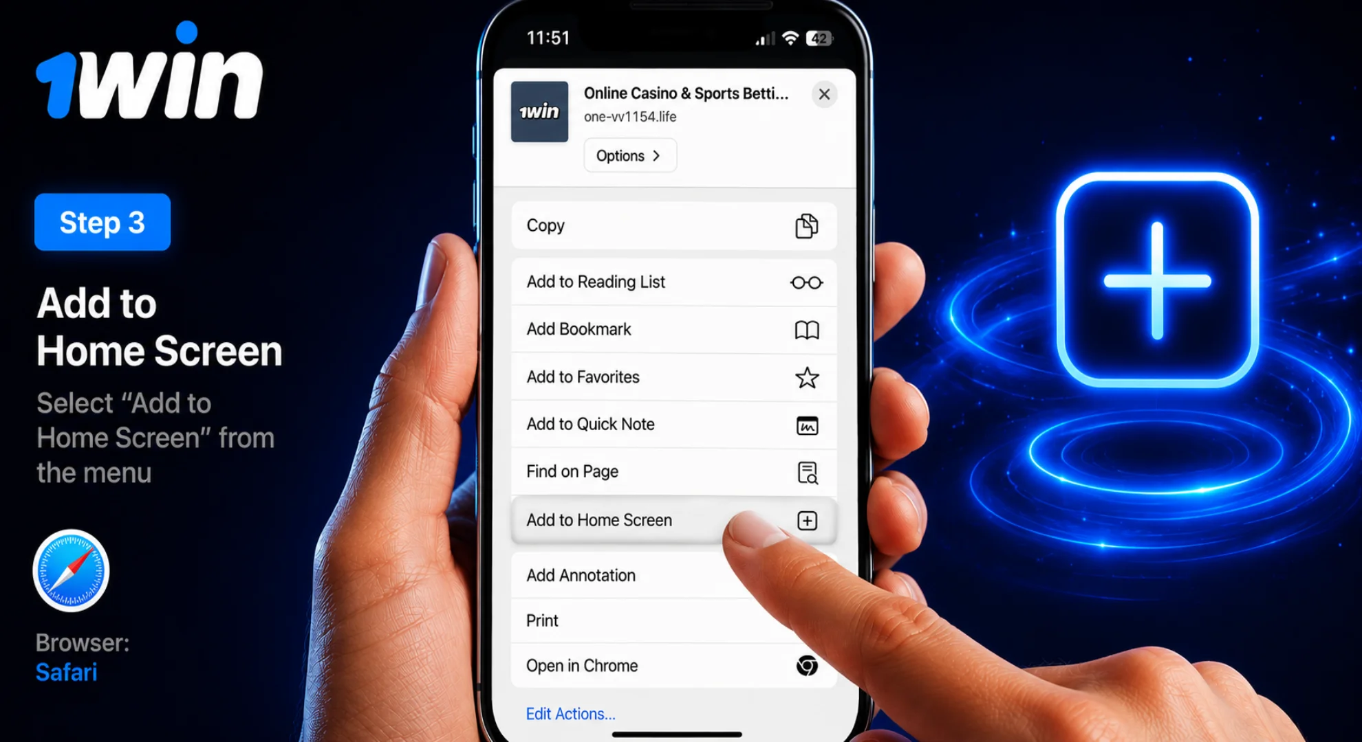 Select add to home screen option for 1win shortcut on iOS
