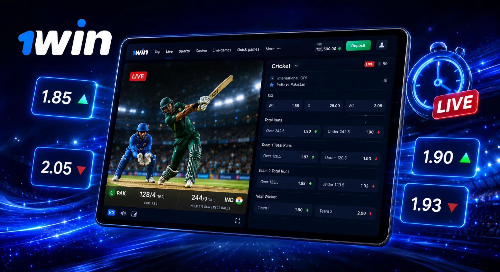1win live cricket streaming and in-play betting interface with HD broadcast 2026