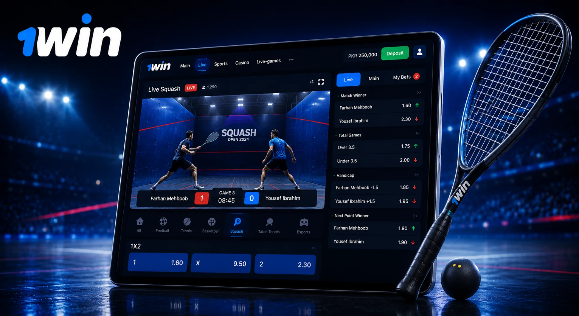 Professional squash tournament odds and betting options on onewin app