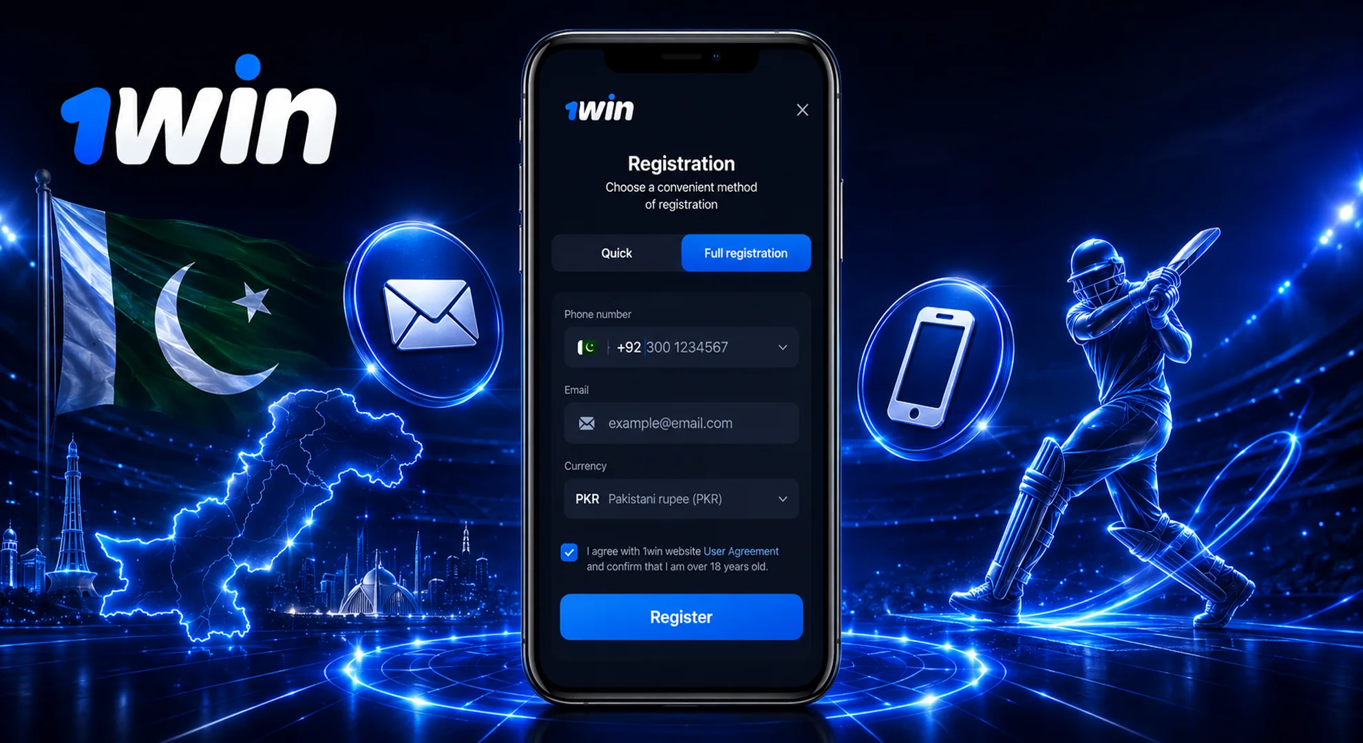 Online registration form on 1win platform with phone and email fields