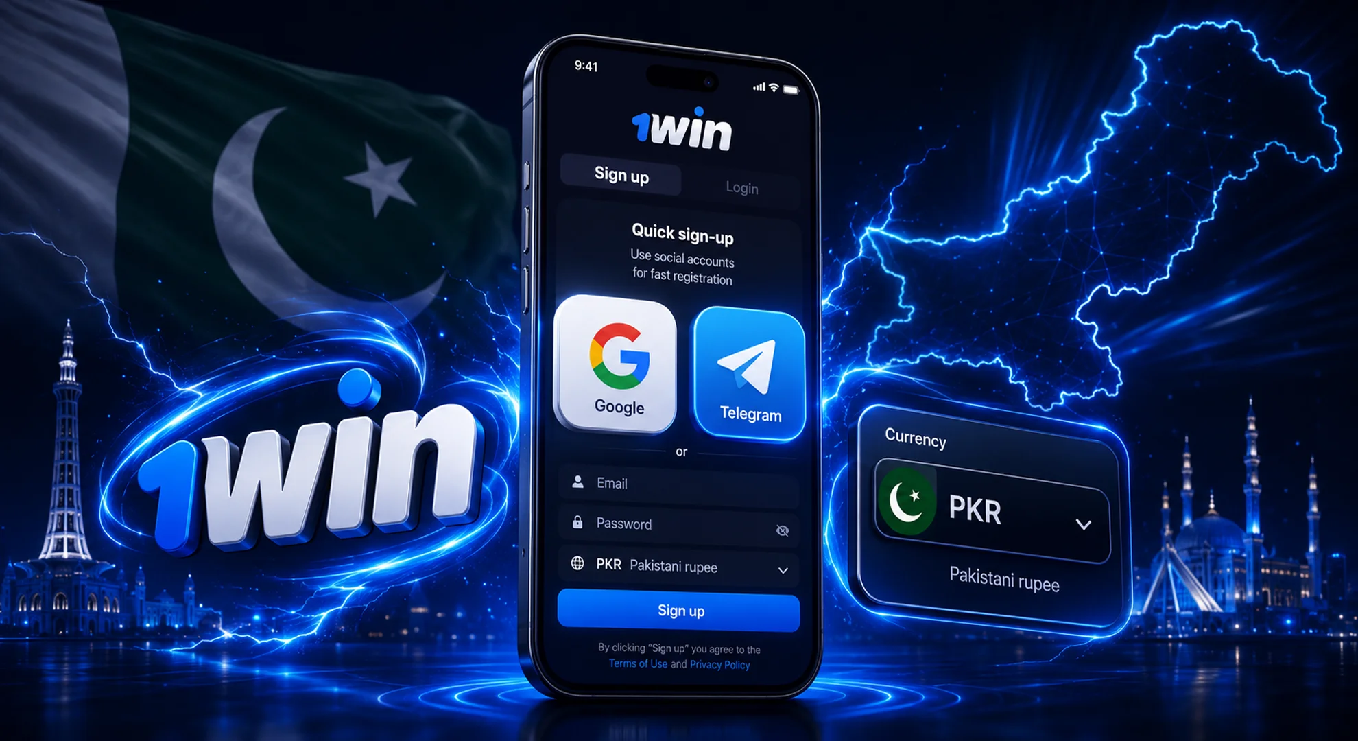 Fast 1win sign up option using social network accounts in Pakistan